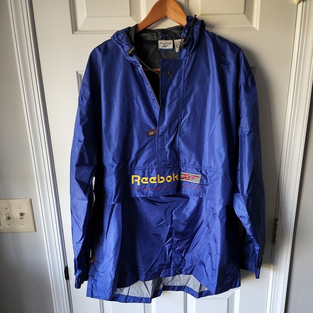 Reebok Athletic Dept Roll Up Hood Windbreaker Jacket Vtg 90s Kangaroo Pouch L